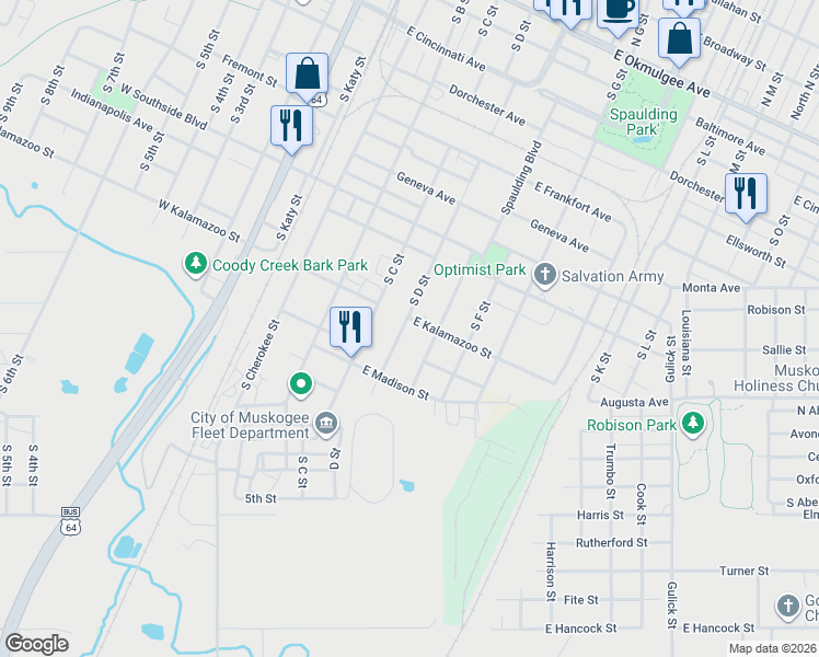 map of restaurants, bars, coffee shops, grocery stores, and more near 1029 South D Street in Muskogee