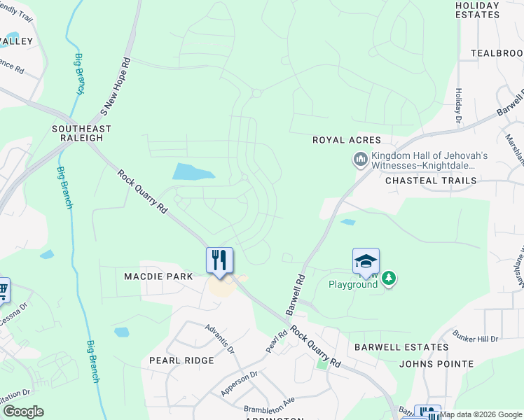 map of restaurants, bars, coffee shops, grocery stores, and more near 5325 Rock Quarry Road in Raleigh