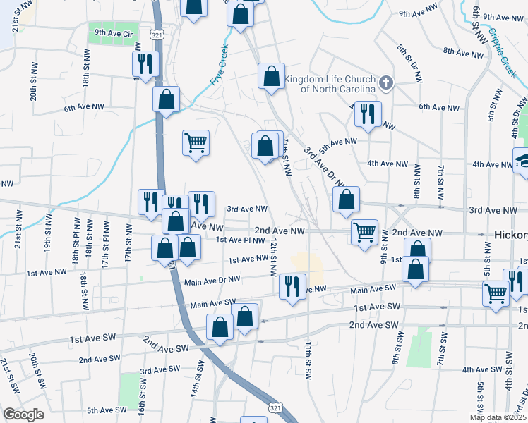 map of restaurants, bars, coffee shops, grocery stores, and more near 1230 3rd Avenue Northwest in Hickory