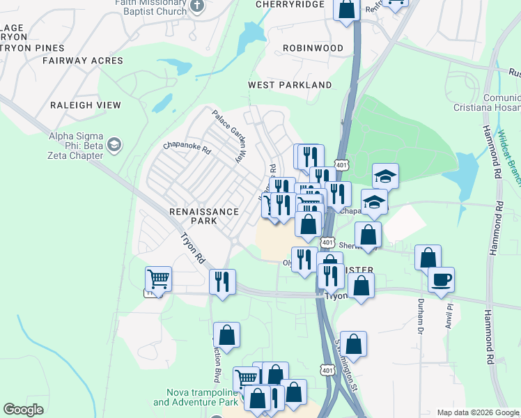 map of restaurants, bars, coffee shops, grocery stores, and more near 1323 Still Monument Way in Raleigh