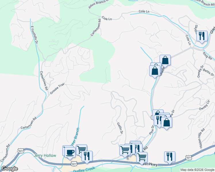 map of restaurants, bars, coffee shops, grocery stores, and more near 153 Pinnacle Vista Road in Gatlinburg