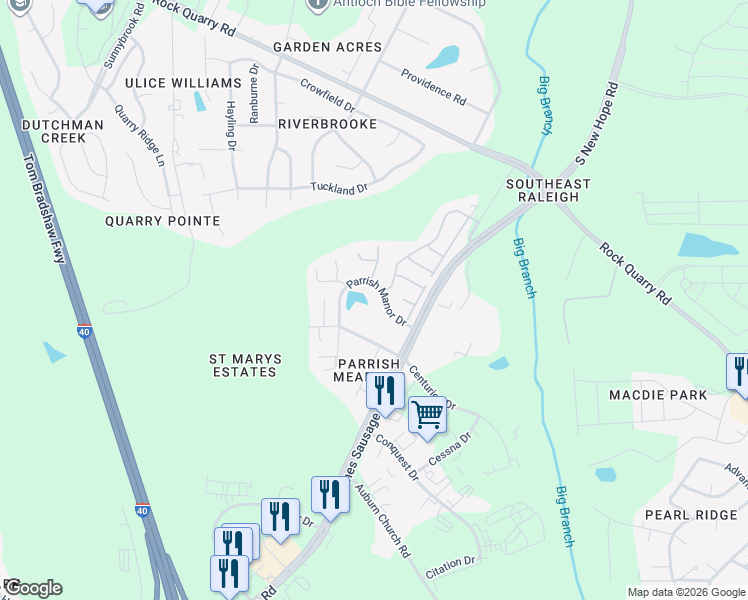 map of restaurants, bars, coffee shops, grocery stores, and more near 4500 Parrish Manor Drive in Garner