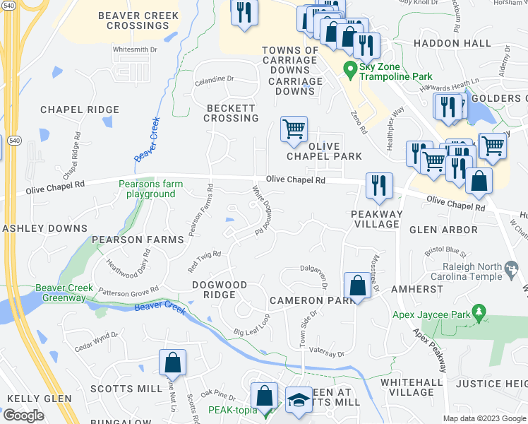 map of restaurants, bars, coffee shops, grocery stores, and more near 1108 Silky Dogwood Trail in Apex