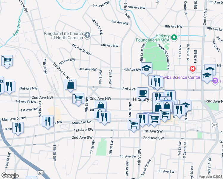 map of restaurants, bars, coffee shops, grocery stores, and more near 637 3rd Avenue Northwest in Hickory