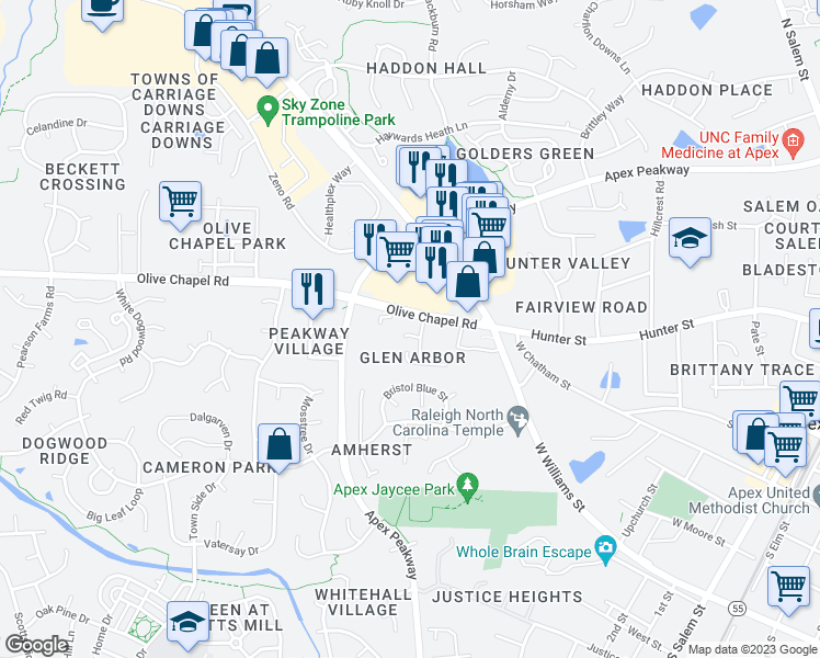 map of restaurants, bars, coffee shops, grocery stores, and more near 904 Spring Gate Court in Apex