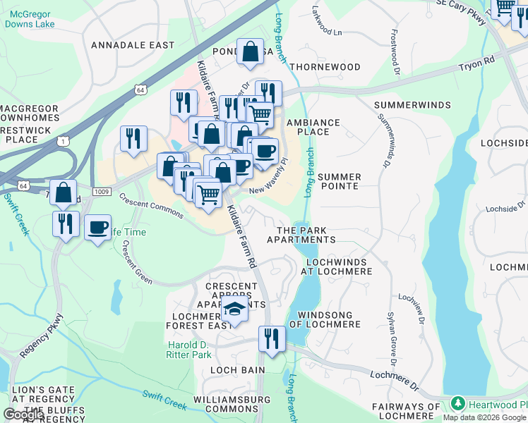 map of restaurants, bars, coffee shops, grocery stores, and more near 1300 Audubon Parc Drive in Cary