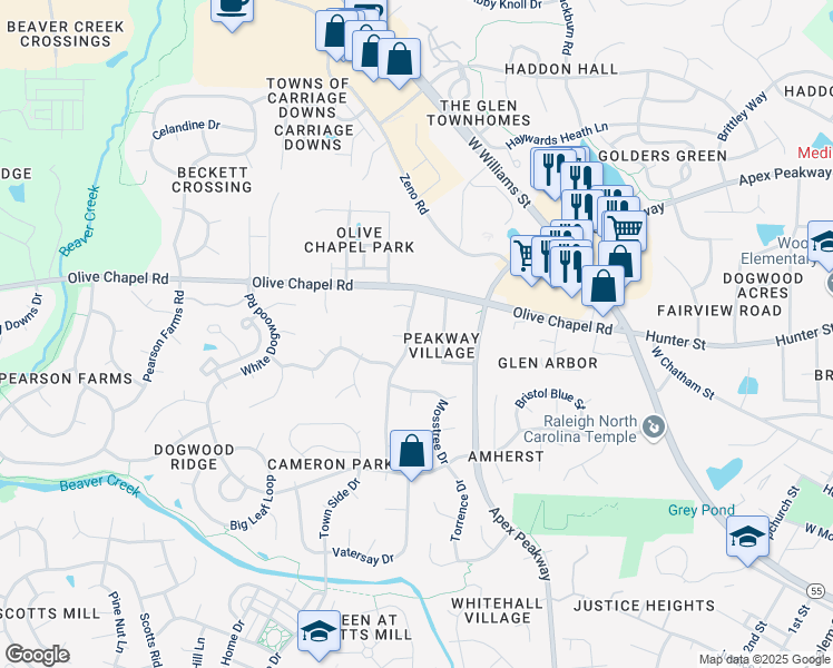 map of restaurants, bars, coffee shops, grocery stores, and more near 205 Cameron Glen Drive in Apex