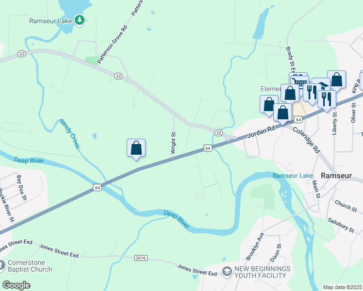 map of restaurants, bars, coffee shops, grocery stores, and more near 1 Elizabeth Street in Ramseur