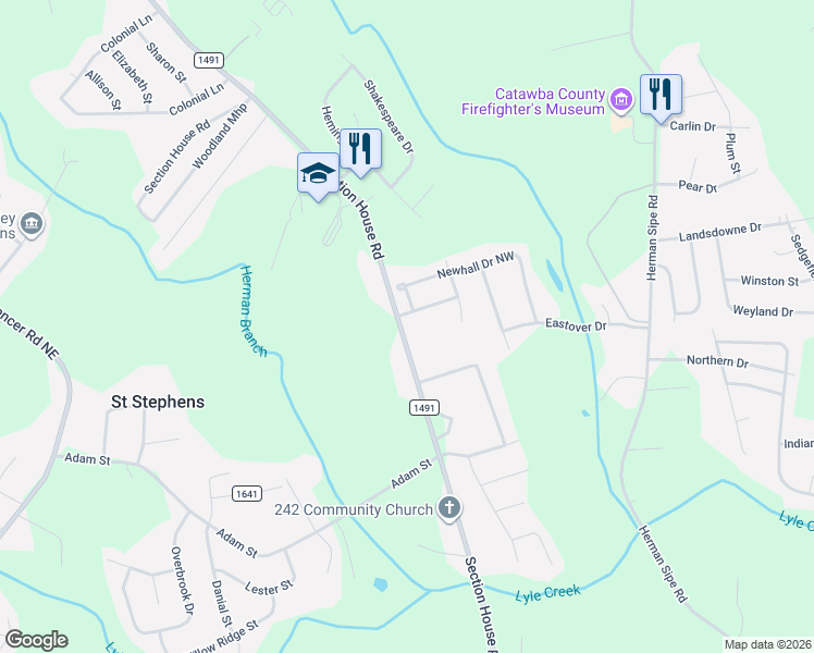 map of restaurants, bars, coffee shops, grocery stores, and more near 1615 Oak Leaf Drive Northwest in Hickory