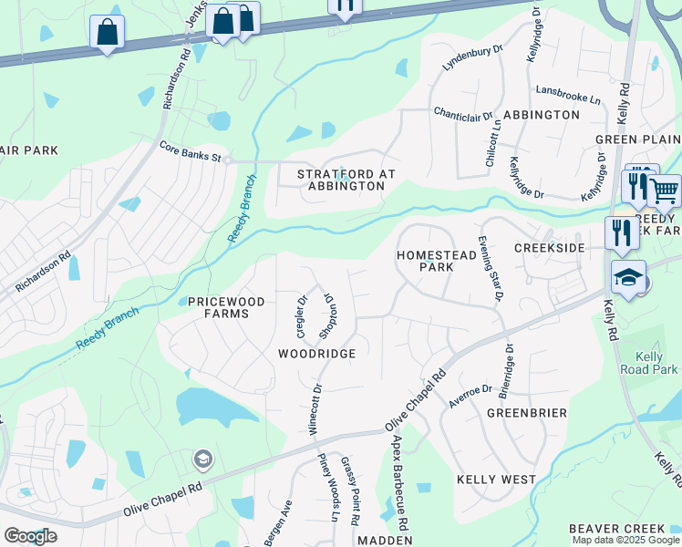 map of restaurants, bars, coffee shops, grocery stores, and more near 4040 Winecott Drive in Apex