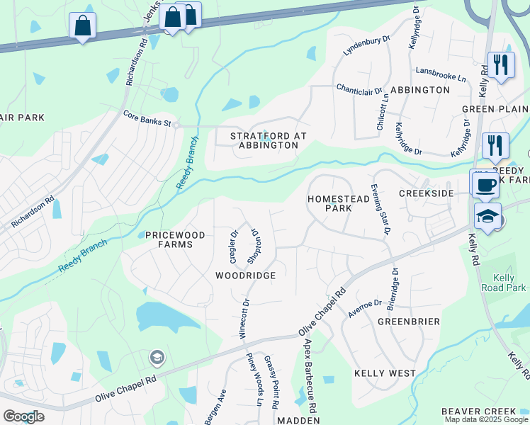 map of restaurants, bars, coffee shops, grocery stores, and more near 4040 Winecott Drive in Apex