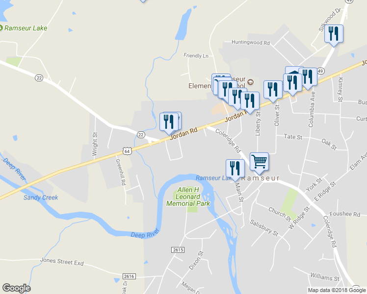 map of restaurants, bars, coffee shops, grocery stores, and more near 1701 Watkins Street in Ramseur