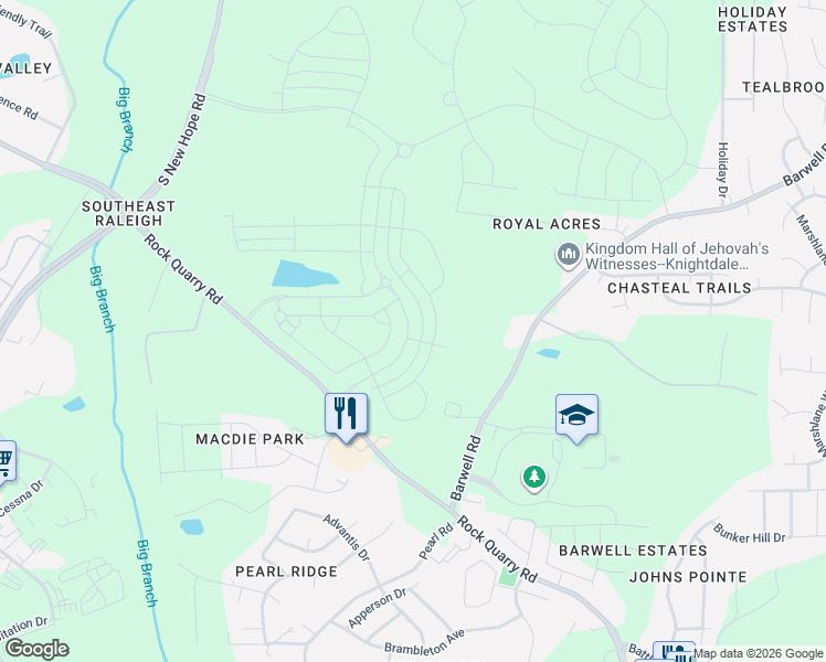 map of restaurants, bars, coffee shops, grocery stores, and more near 5325 Rock Quarry Road in Raleigh