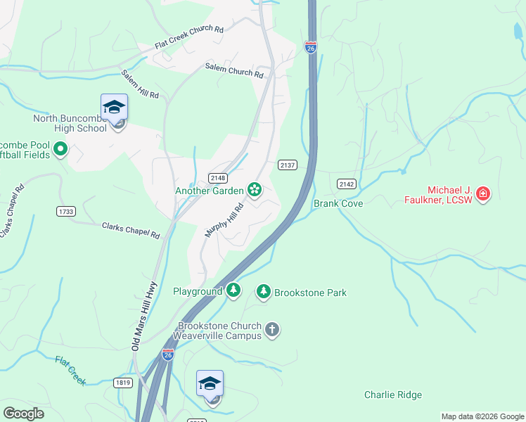 map of restaurants, bars, coffee shops, grocery stores, and more near 60 Gaddy Road in Weaverville
