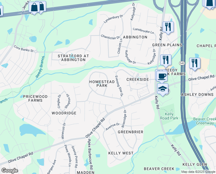 map of restaurants, bars, coffee shops, grocery stores, and more near 930 Homestead Park Drive in Apex