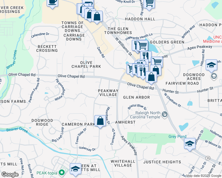 map of restaurants, bars, coffee shops, grocery stores, and more near 116 Thistle Top Trail in Apex