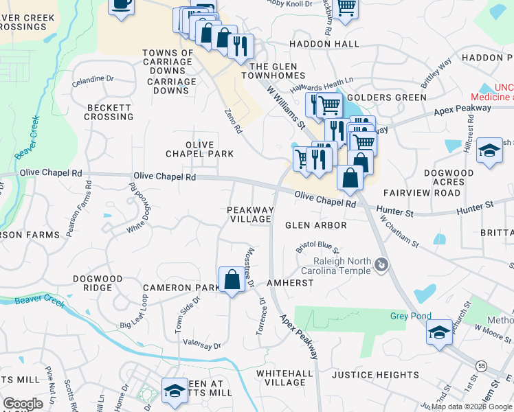 map of restaurants, bars, coffee shops, grocery stores, and more near 116 Thistle Top Trail in Apex