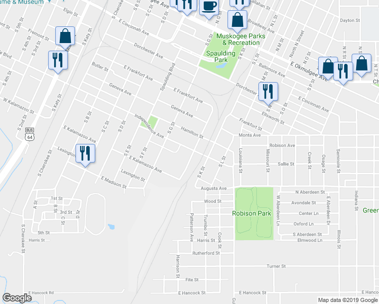 map of restaurants, bars, coffee shops, grocery stores, and more near 823 Independence Avenue in Muskogee