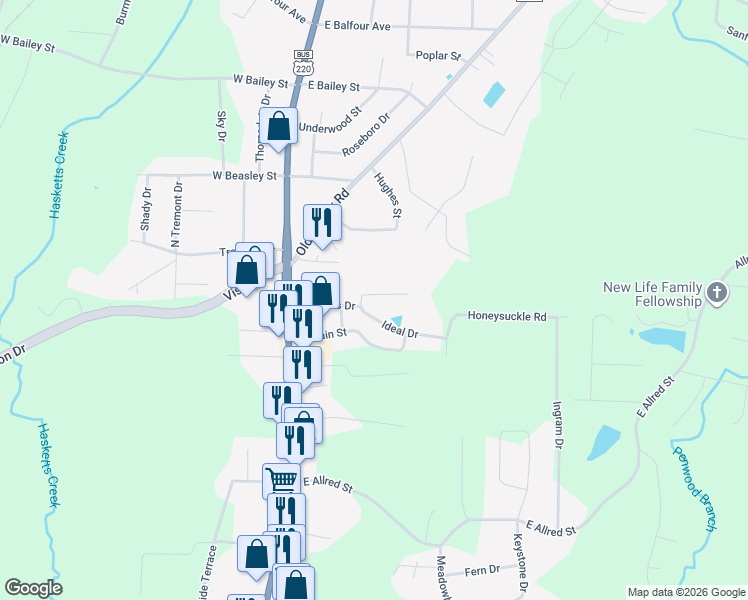 map of restaurants, bars, coffee shops, grocery stores, and more near 400 Saunders Drive in Asheboro