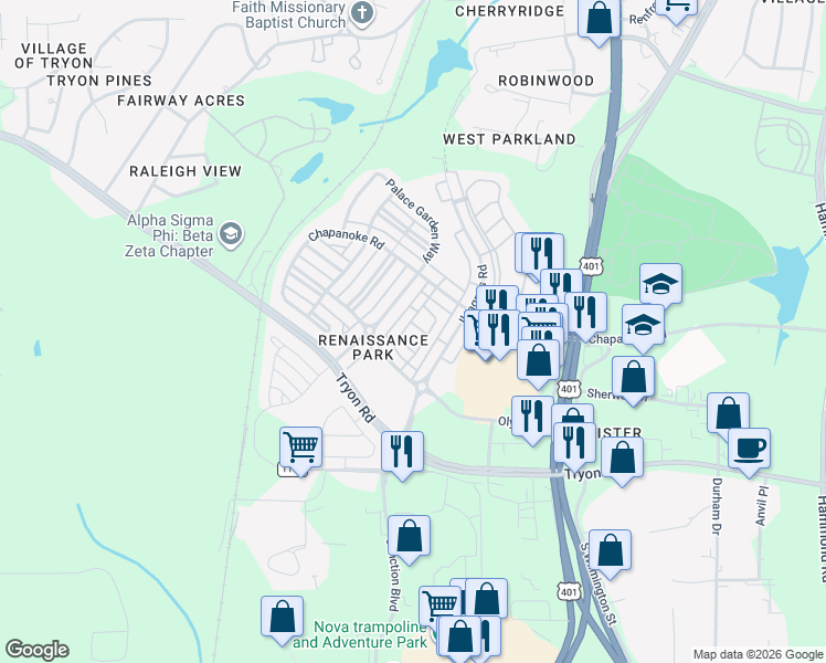 map of restaurants, bars, coffee shops, grocery stores, and more near 1334 Regulator Street in Raleigh