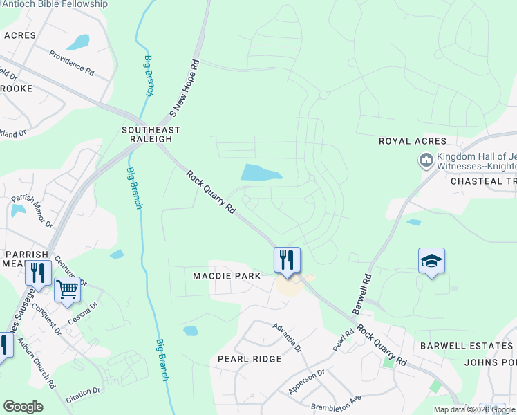 map of restaurants, bars, coffee shops, grocery stores, and more near 5125 Rock Quarry Road in Raleigh