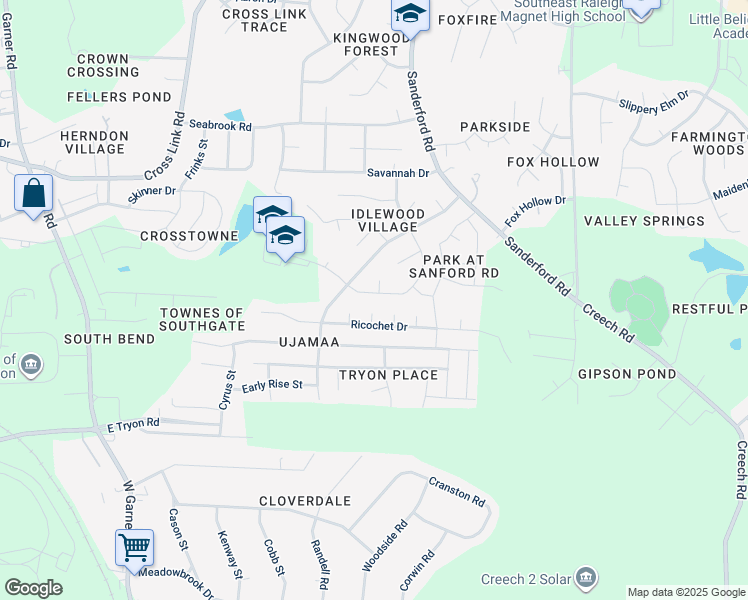 map of restaurants, bars, coffee shops, grocery stores, and more near 3405 Snowberry Drive in Raleigh
