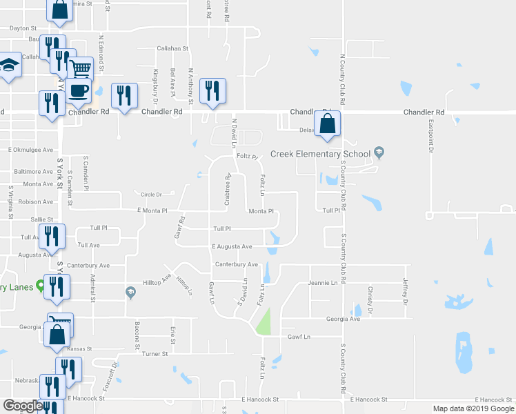 map of restaurants, bars, coffee shops, grocery stores, and more near 207 Foltz Lane in Muskogee