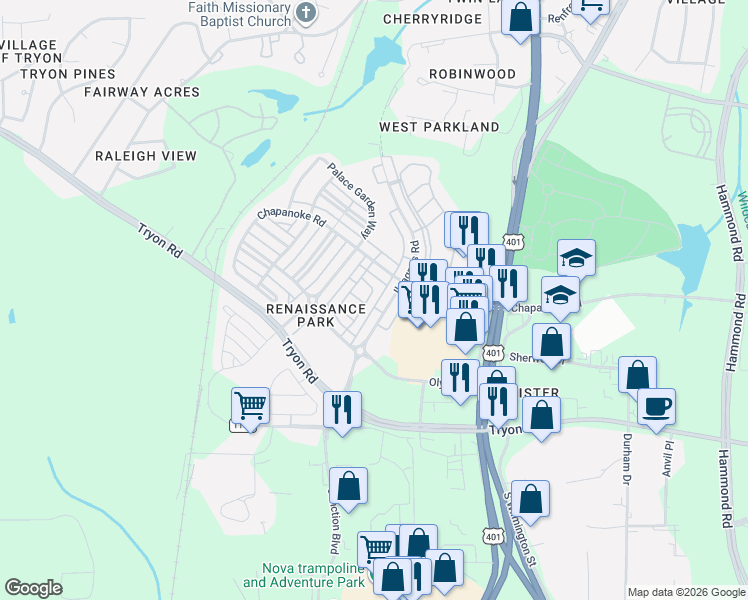 map of restaurants, bars, coffee shops, grocery stores, and more near 1323 Still Monument Way in Raleigh
