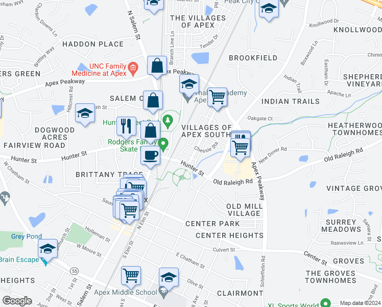 map of restaurants, bars, coffee shops, grocery stores, and more near 541 Grand Central Station in Apex