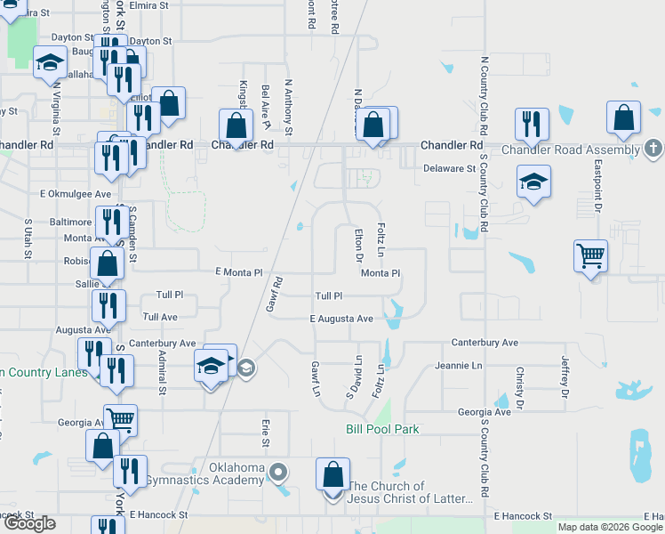 map of restaurants, bars, coffee shops, grocery stores, and more near 206 Crabtree Road in Muskogee