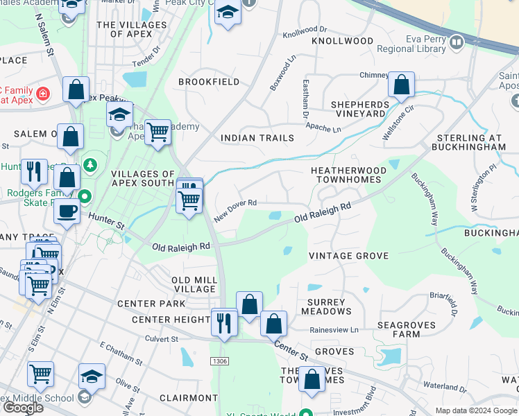 map of restaurants, bars, coffee shops, grocery stores, and more near 1019 New Dover Road in Apex