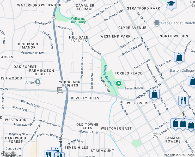 map of restaurants, bars, coffee shops, grocery stores, and more near 109 Ripley Road Northwest in Wilson