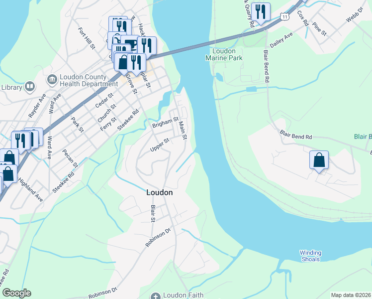 map of restaurants, bars, coffee shops, grocery stores, and more near 1207 Main Street in Loudon