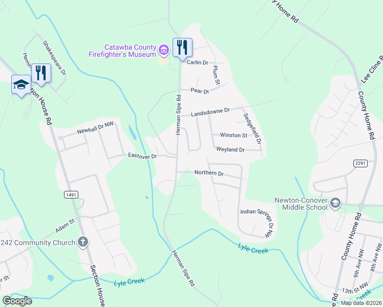 map of restaurants, bars, coffee shops, grocery stores, and more near 1802 Ranchland Drive Northwest in Conover