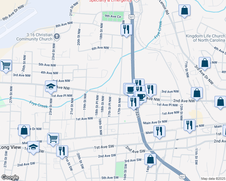 map of restaurants, bars, coffee shops, grocery stores, and more near 1724 2nd Avenue Northwest in Hickory