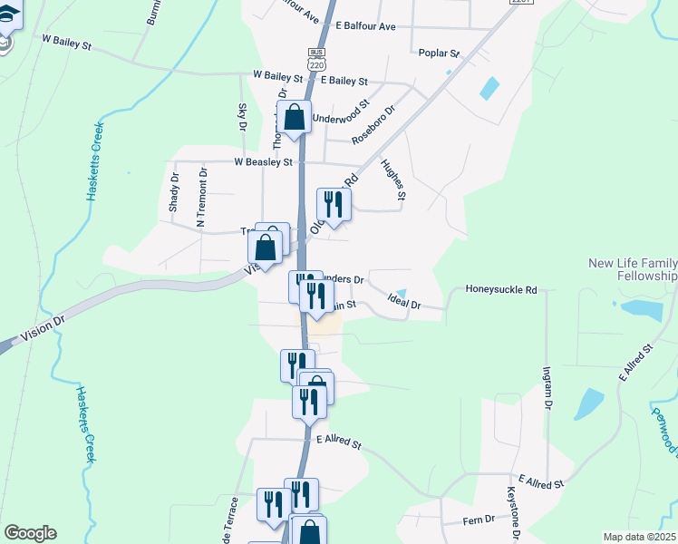 map of restaurants, bars, coffee shops, grocery stores, and more near 207 Saunders Drive in Asheboro
