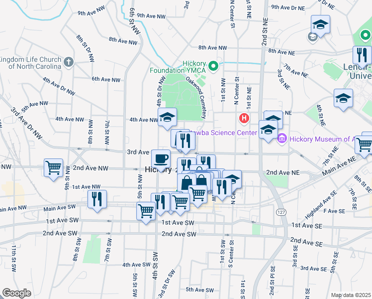 map of restaurants, bars, coffee shops, grocery stores, and more near 270 3rd Avenue Northeast in Hickory