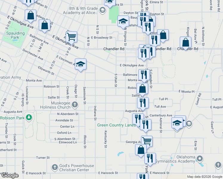 map of restaurants, bars, coffee shops, grocery stores, and more near 2031 Robison Street in Muskogee