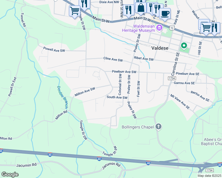 map of restaurants, bars, coffee shops, grocery stores, and more near 1008 Orchard St SW in Valdese