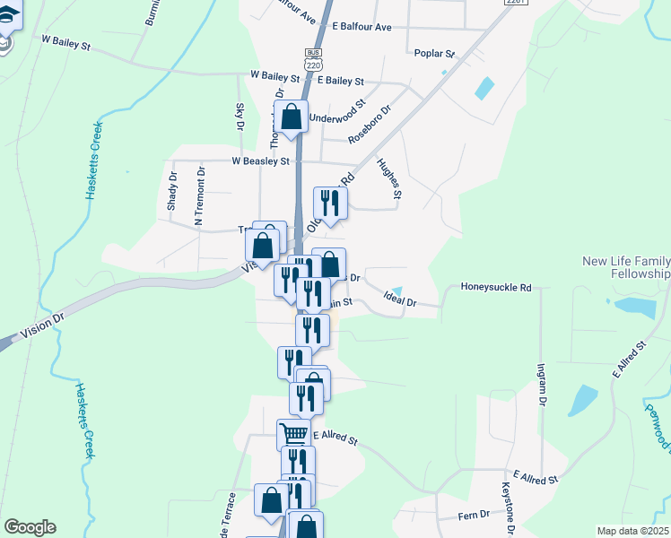 map of restaurants, bars, coffee shops, grocery stores, and more near 207 Saunders Drive in Asheboro