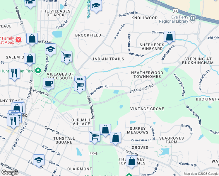 map of restaurants, bars, coffee shops, grocery stores, and more near 1019 New Dover Road in Apex