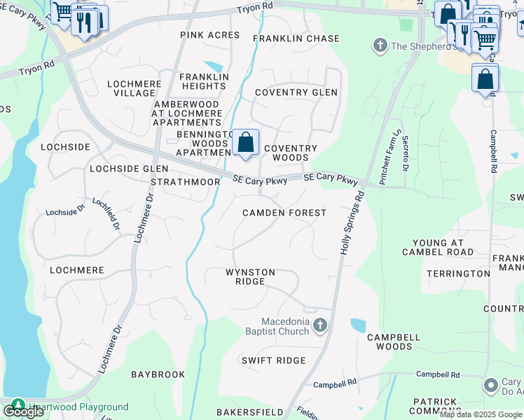 map of restaurants, bars, coffee shops, grocery stores, and more near 523 Windstream Way in Cary