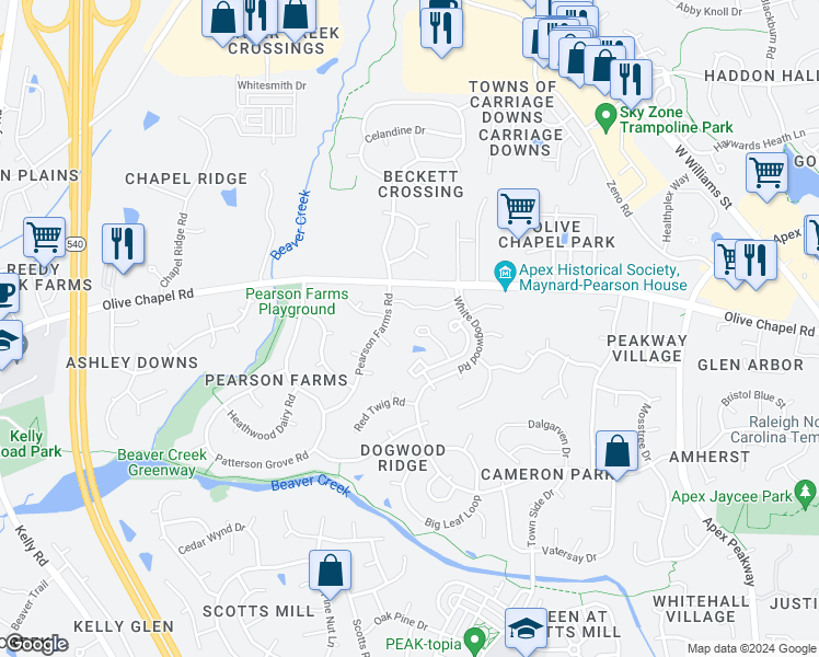 map of restaurants, bars, coffee shops, grocery stores, and more near 3038 White Cloud Circle in Apex