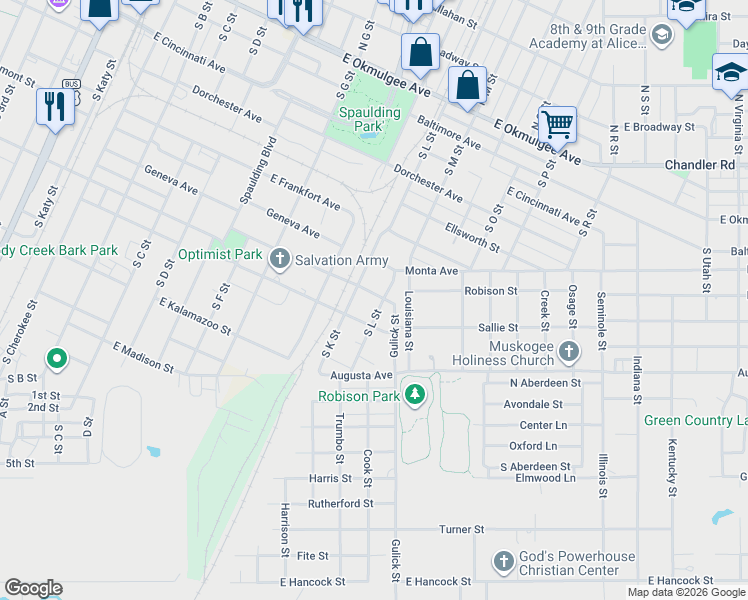 map of restaurants, bars, coffee shops, grocery stores, and more near 1119 Hamilton Street in Muskogee