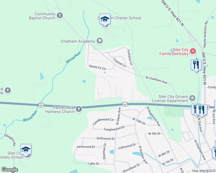 map of restaurants, bars, coffee shops, grocery stores, and more near 1515 Duet in Siler City
