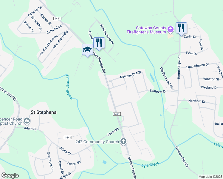 map of restaurants, bars, coffee shops, grocery stores, and more near 1621 Oak Leaf Drive Northwest in Hickory