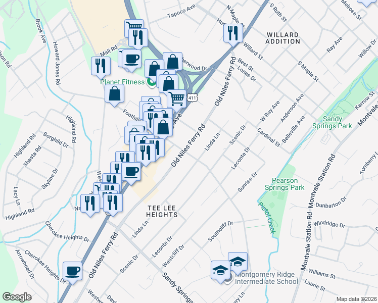 map of restaurants, bars, coffee shops, grocery stores, and more near 1628 Old Niles Ferry Road in Maryville