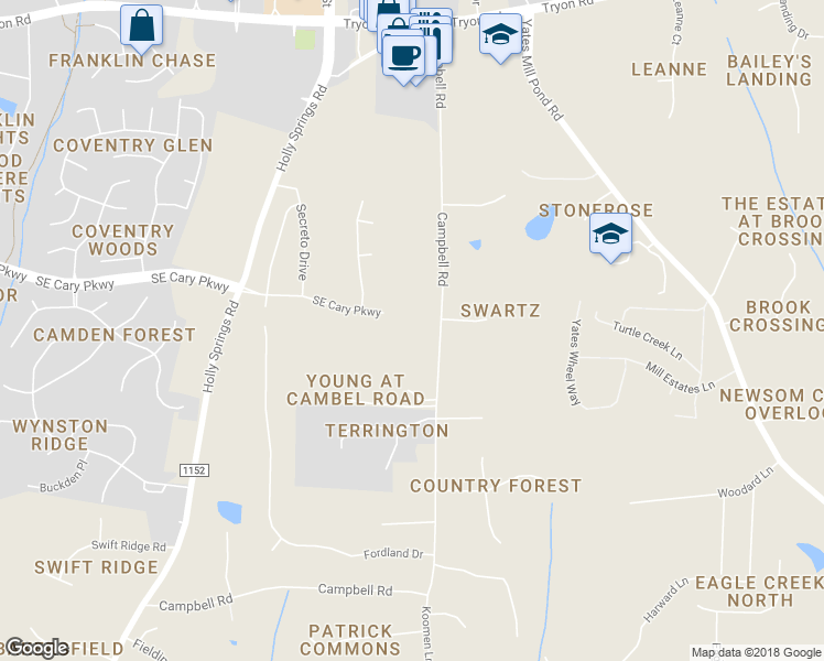 map of restaurants, bars, coffee shops, grocery stores, and more near 3100 Campbell Road in Raleigh