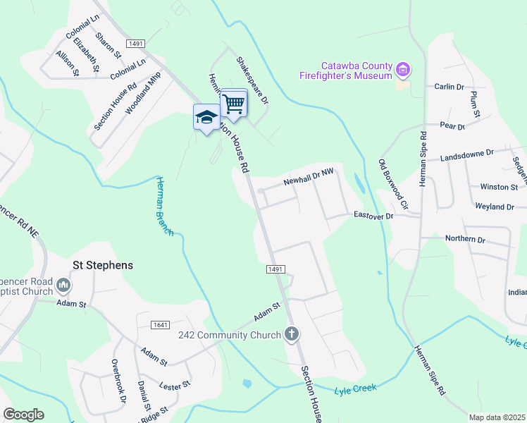 map of restaurants, bars, coffee shops, grocery stores, and more near 1621 Oak Leaf Drive Northwest in Hickory