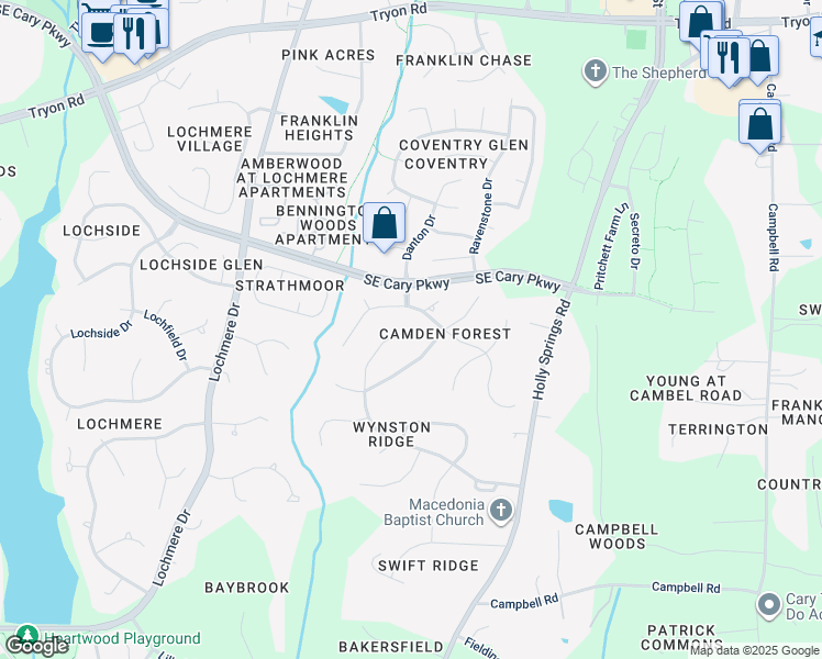 map of restaurants, bars, coffee shops, grocery stores, and more near 523 Windstream Way in Cary